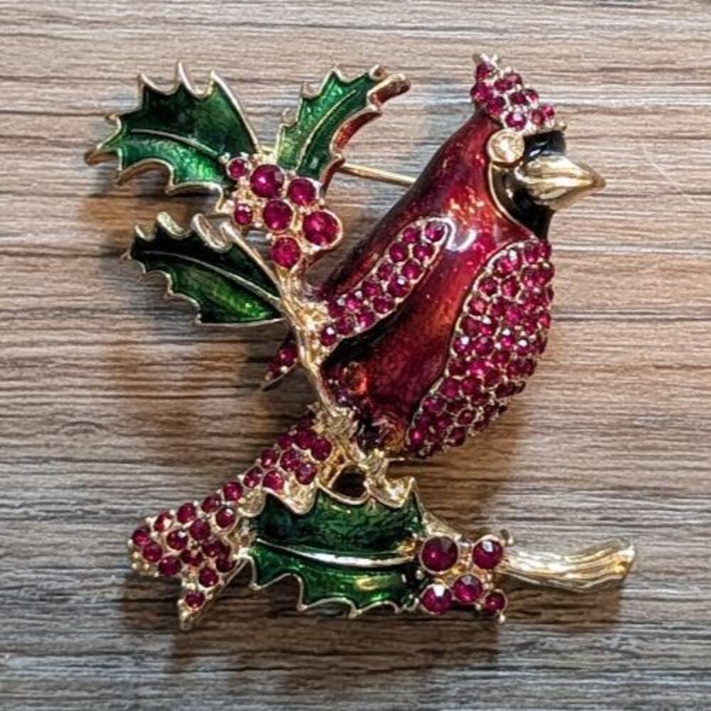NAPIER Christmas Cardinal Bird Red Enamel Brooch Gold Tone